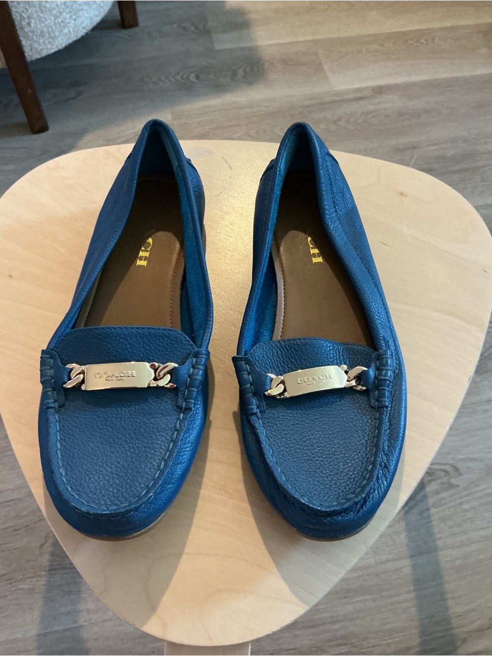 Coach Teal Blue Pebbled Leather Loafers with Gold Plaque